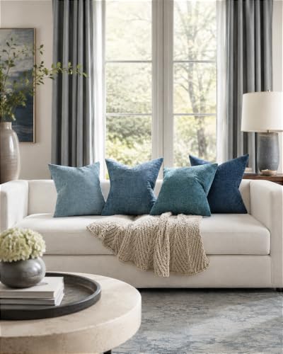 TOPWAVE Chenille Throw Pillow Covers 18x18, Pack of 4, Blue Mix