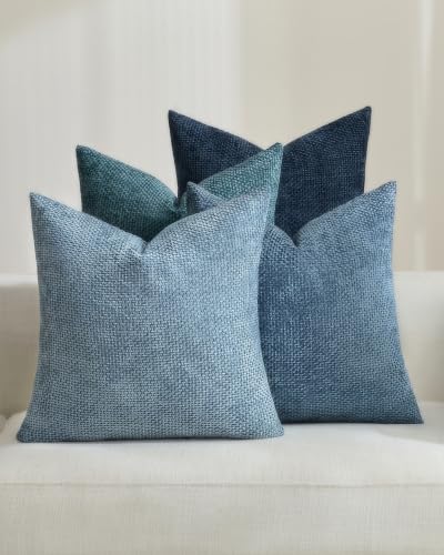 TOPWAVE Chenille Throw Pillow Covers 18x18, Pack of 4, Blue Mix