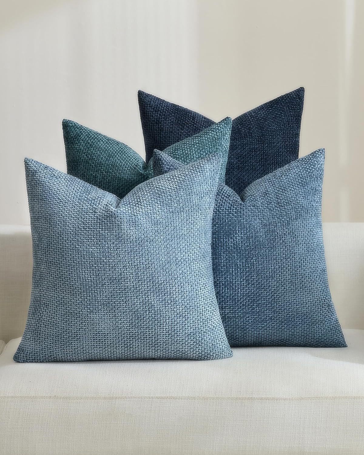 TOPWAVE Chenille Throw Pillow Covers 18x18, Pack of 4, Blue Mix
